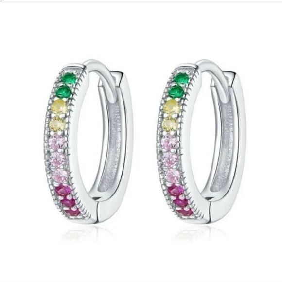 Multi Colored Minimalist hoop huggie earrings in 925 and cubic zirconia - Picture 2 of 7